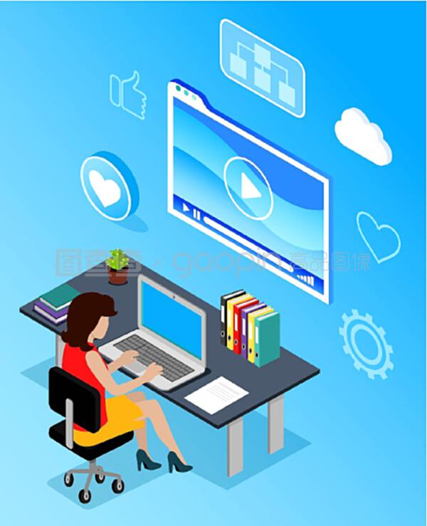 工作場所的商業網絡通信。辦公室使用手提電腦無線設備的女性。藍色的媒體顯示和互聯網圖標像和云。PC向量的數字營銷專家。計算機向量的數字營銷專家